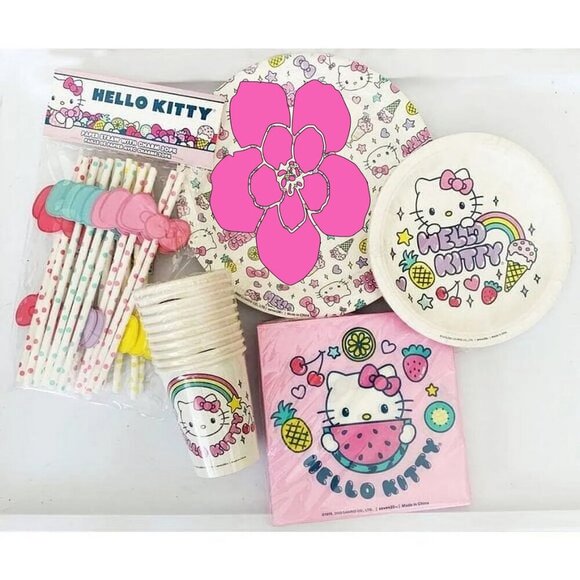 Hello Kitty Party Paper Supplies Service For 10 Cups Plates Straws NIP - Picture 2 of 7